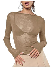 Women's Sheer Mesh Off-Shoulder Long Sleeve Top