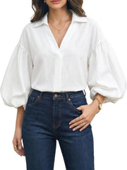Women's Polka Dot V-Neck Lantern Sleeve Blouse