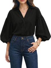 Women's Polka Dot V-Neck Lantern Sleeve Blouse