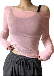 Women's Sheer Mesh Off-Shoulder Long Sleeve Top