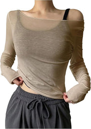 Women's Sheer Mesh Off-Shoulder Long Sleeve Top
