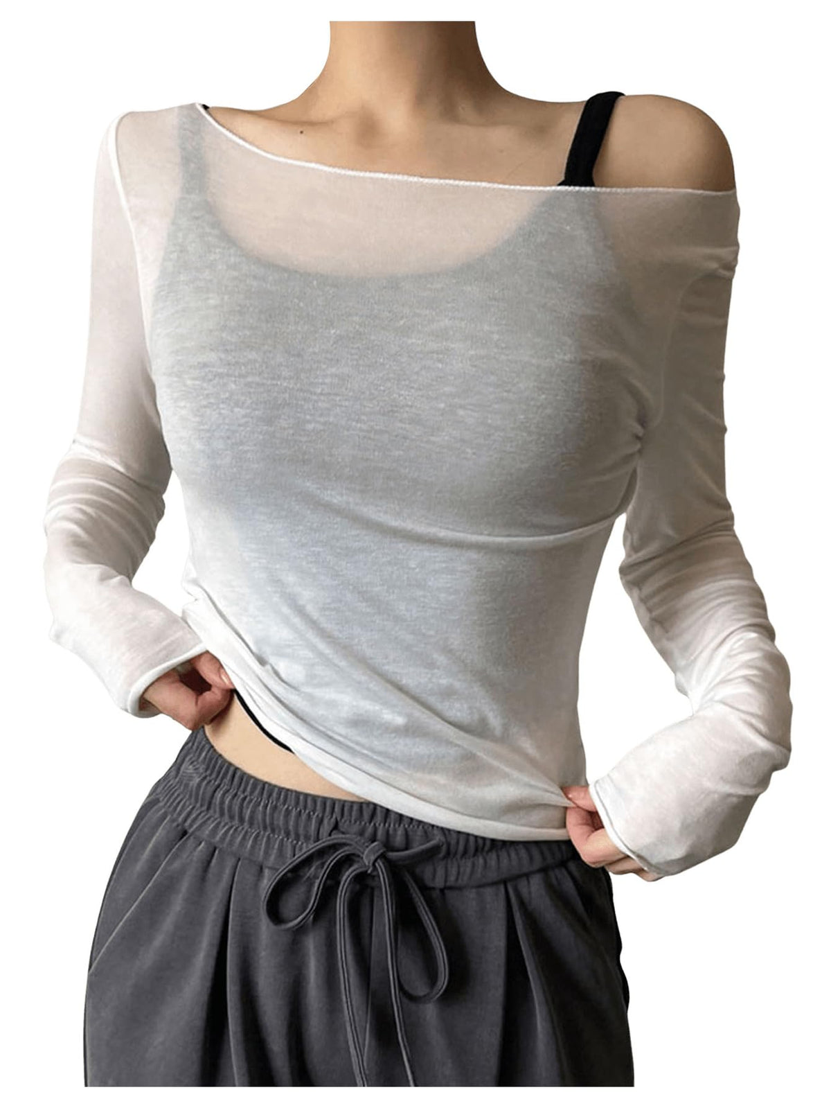 Women's Sheer Mesh Off-Shoulder Long Sleeve Top