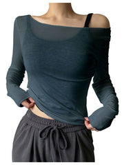 Women's Sheer Mesh Off-Shoulder Long Sleeve Top