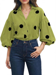 Women's Polka Dot V-Neck Lantern Sleeve Blouse