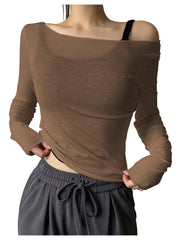 Women's Sheer Mesh Off-Shoulder Long Sleeve Top