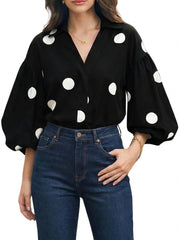 Women's Polka Dot V-Neck Lantern Sleeve Blouse