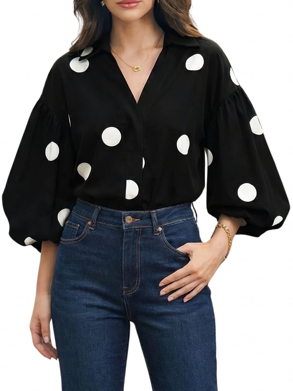 Women's Polka Dot V-Neck Lantern Sleeve Blouse