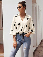 Women's Polka Dot V-Neck Lantern Sleeve Blouse