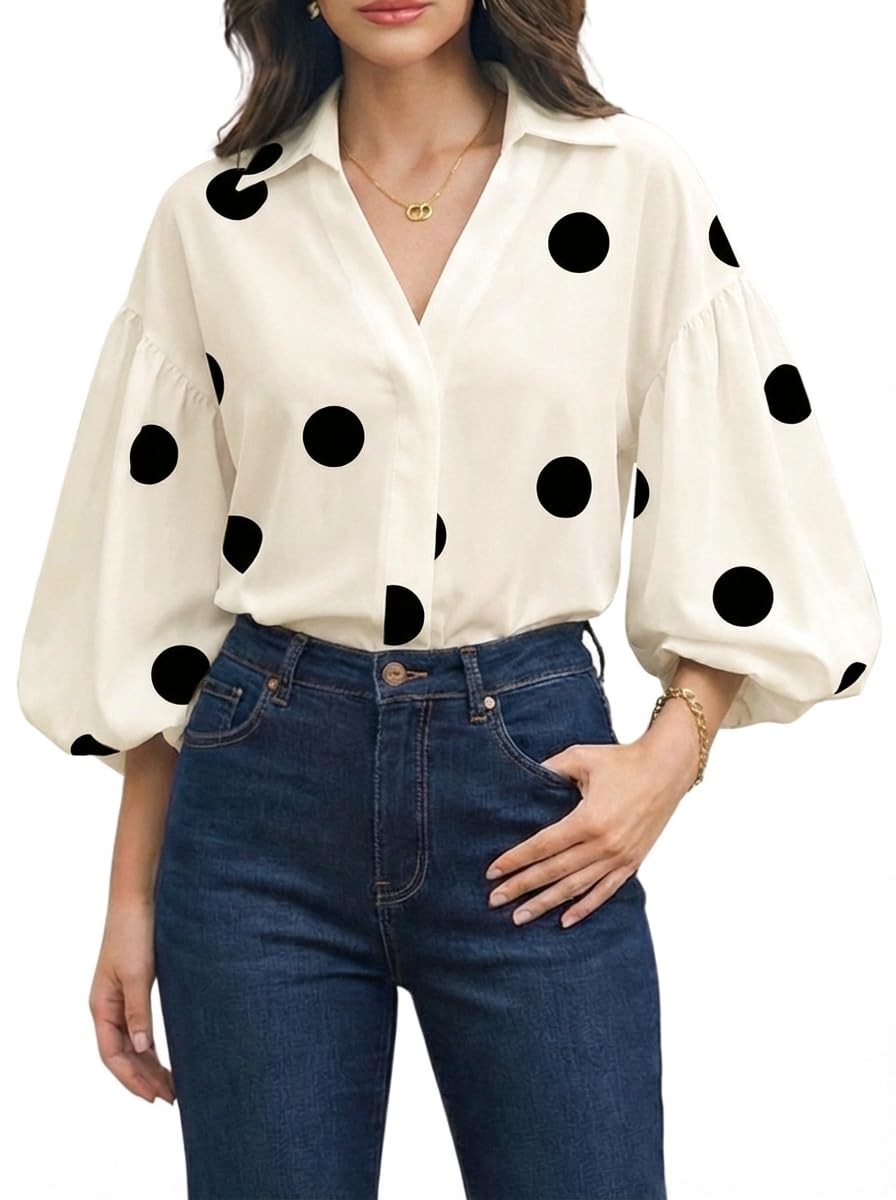 Women's Polka Dot V-Neck Lantern Sleeve Blouse
