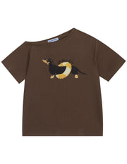 Women's Oversized Dachshund Graphic Off-Shoulder T-Shirt