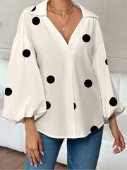 Women's Polka Dot V-Neck Lantern Sleeve Blouse