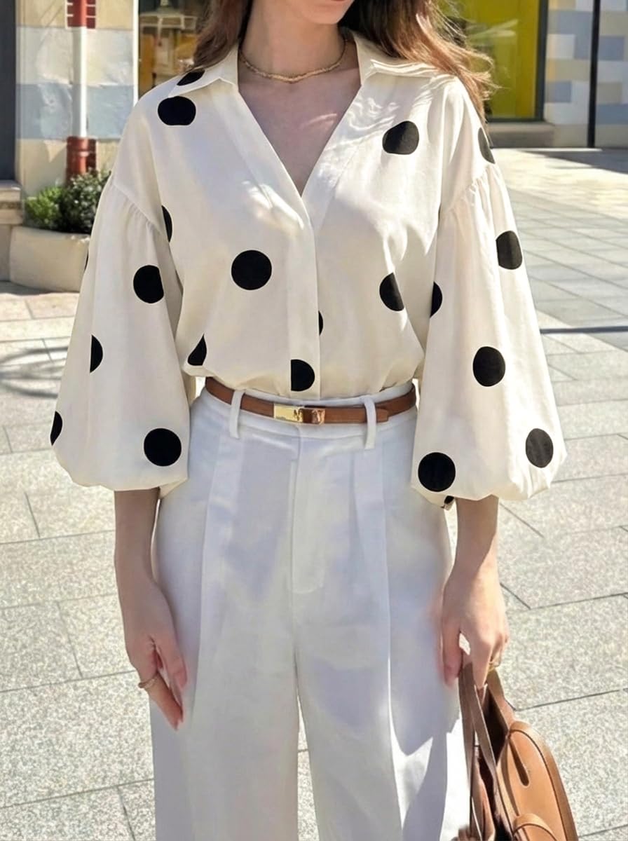 Women's Polka Dot V-Neck Lantern Sleeve Blouse