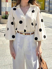 Women's Polka Dot V-Neck Lantern Sleeve Blouse