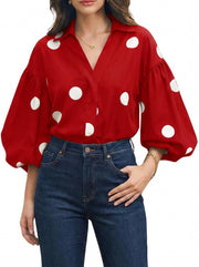Women's Polka Dot V-Neck Lantern Sleeve Blouse