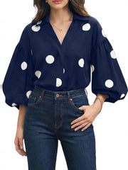 Women's Polka Dot V-Neck Lantern Sleeve Blouse