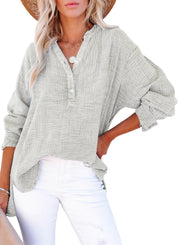 Women's Oversized V-Neck Long Sleeve Blouse