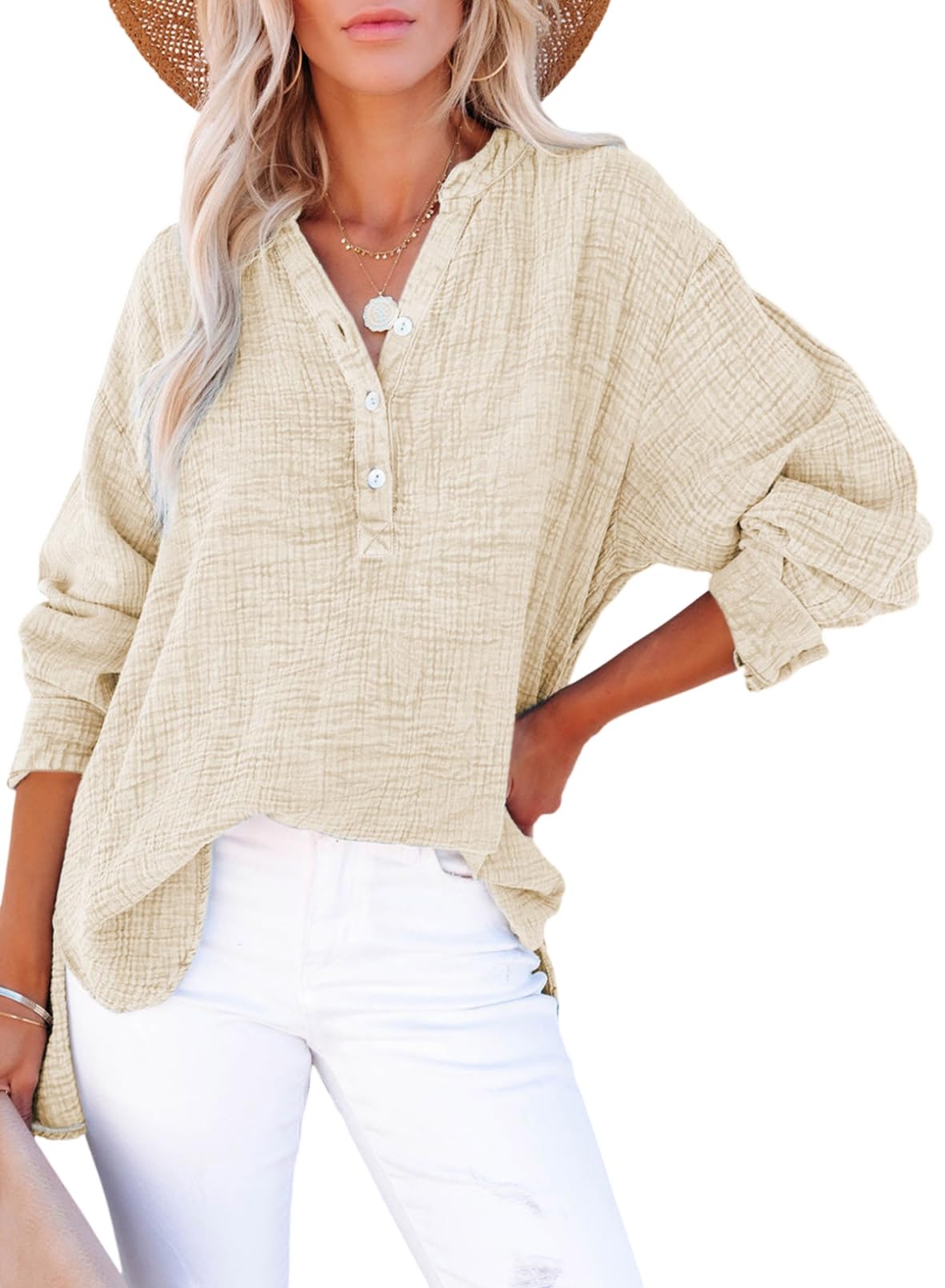 Women's Oversized V-Neck Long Sleeve Blouse