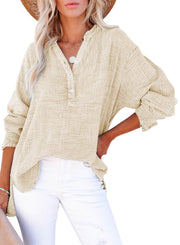 Women's Oversized V-Neck Long Sleeve Blouse