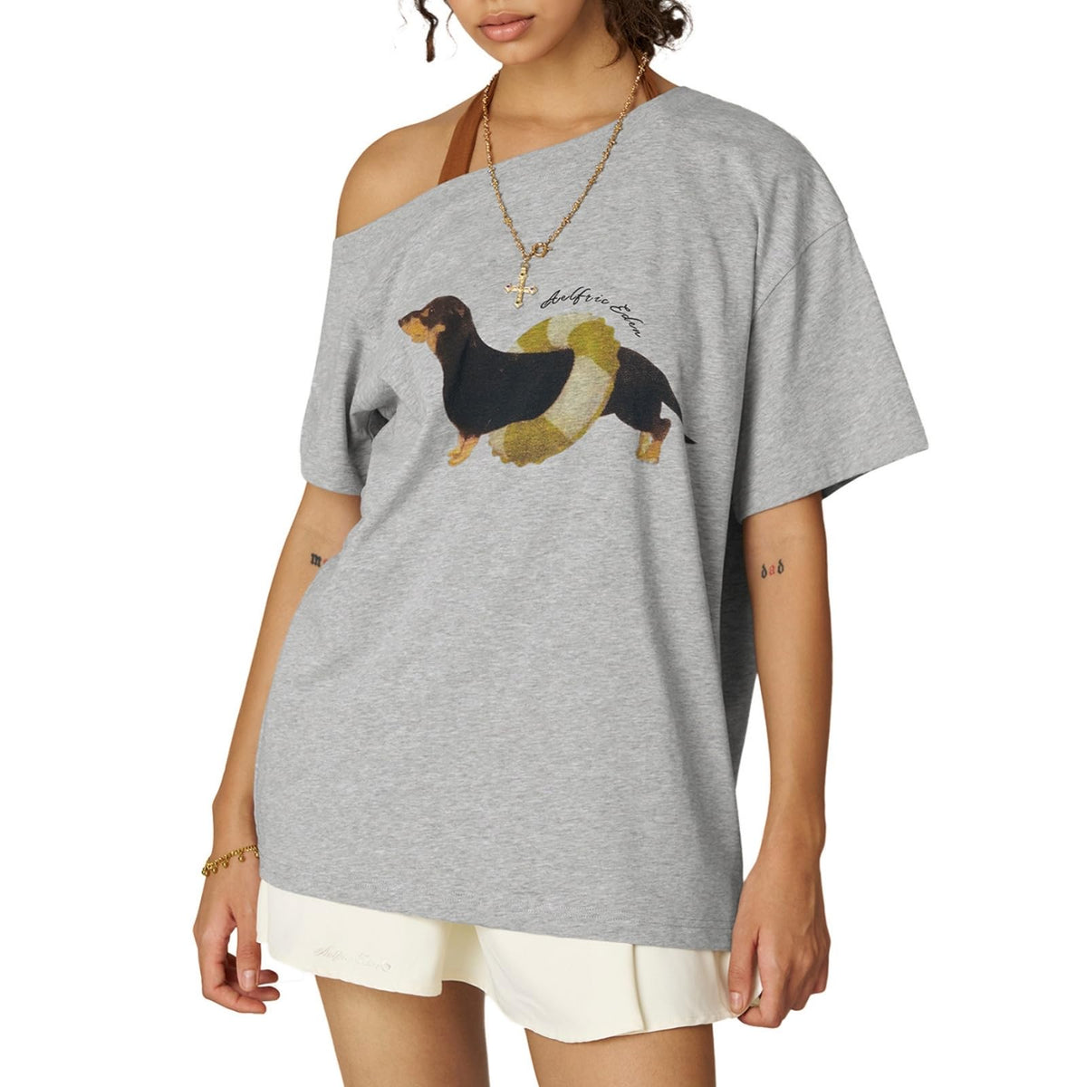 Women's Oversized Dachshund Graphic Off-Shoulder T-Shirt