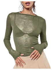 Women's Sheer Mesh Off-Shoulder Long Sleeve Top