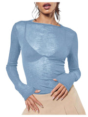 Women's Sheer Mesh Off-Shoulder Long Sleeve Top