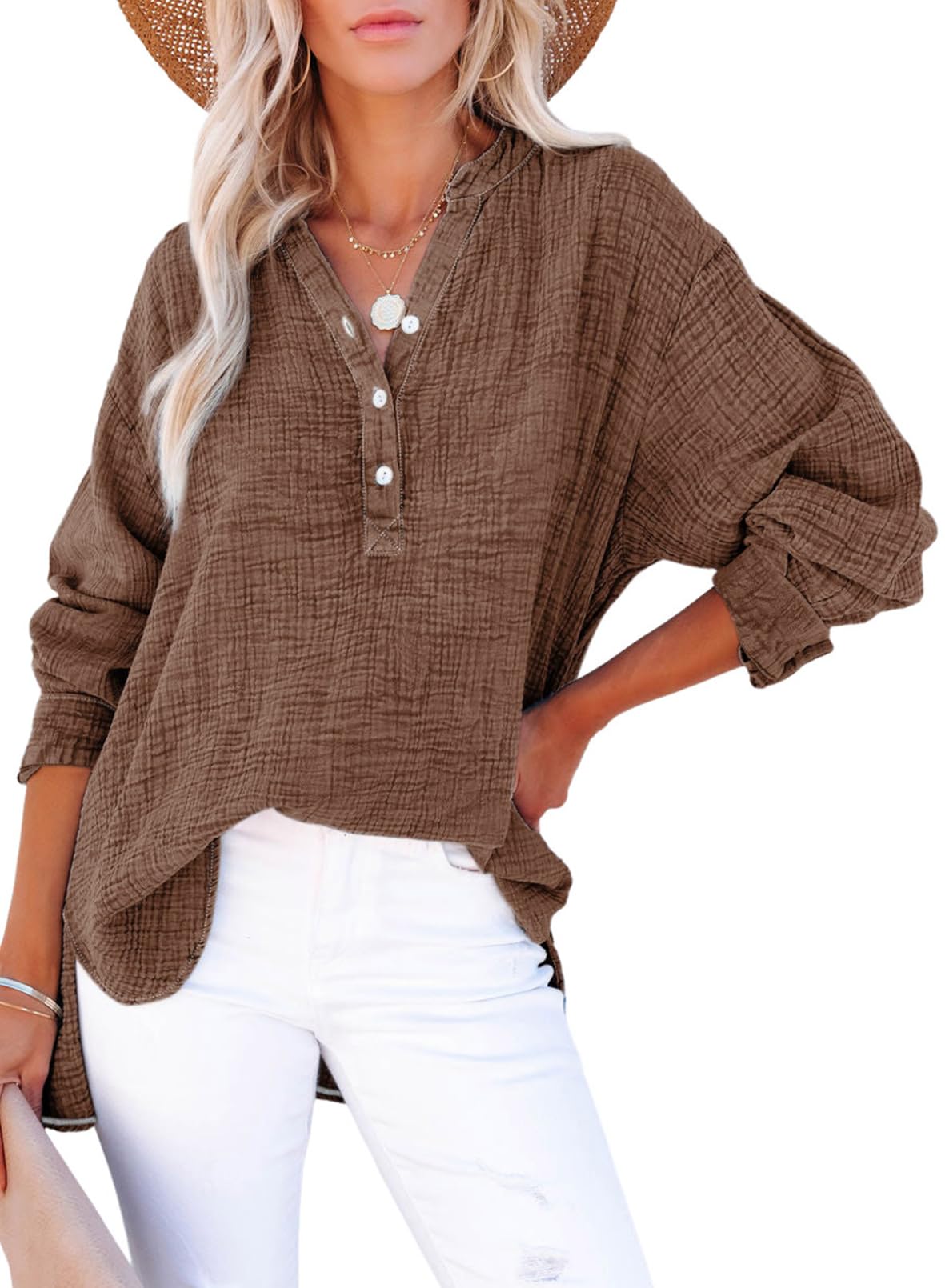 Women's Oversized V-Neck Long Sleeve Blouse