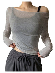 Women's Sheer Mesh Off-Shoulder Long Sleeve Top