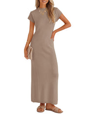 ZESICA Womens Bodycon Knit Short Sleeve Sweater Maxi Dress