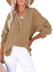 Women's Oversized V-Neck Long Sleeve Blouse