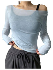 Women's Sheer Mesh Off-Shoulder Long Sleeve Top