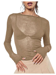 Women's Sheer Mesh Off-Shoulder Long Sleeve Top