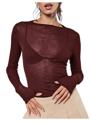 Women's Sheer Mesh Off-Shoulder Long Sleeve Top