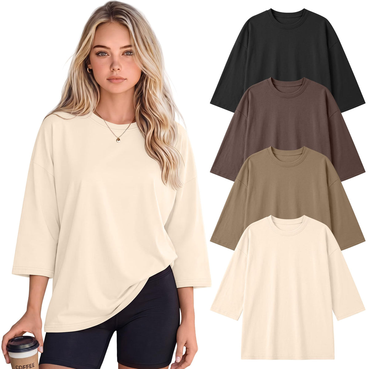 Huukeay 4 Pack Women Oversized 3/4 Sleeve T Shirts