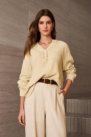 Women's Oversized V-Neck Long Sleeve Blouse