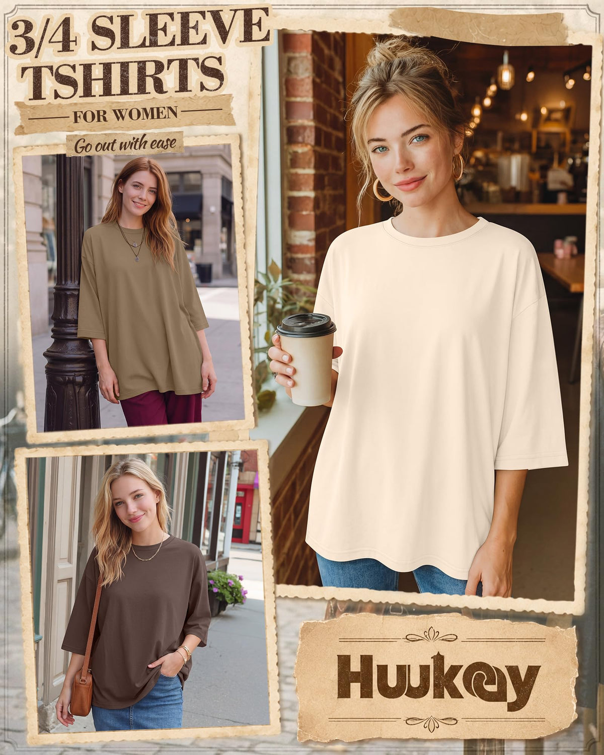 Huukeay 4 Pack Women Oversized 3/4 Sleeve T Shirts